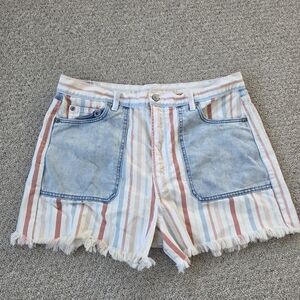 American Eagle Mom Short Women's Pastel Stripe Patch Pocket Denim Shorts Size 14